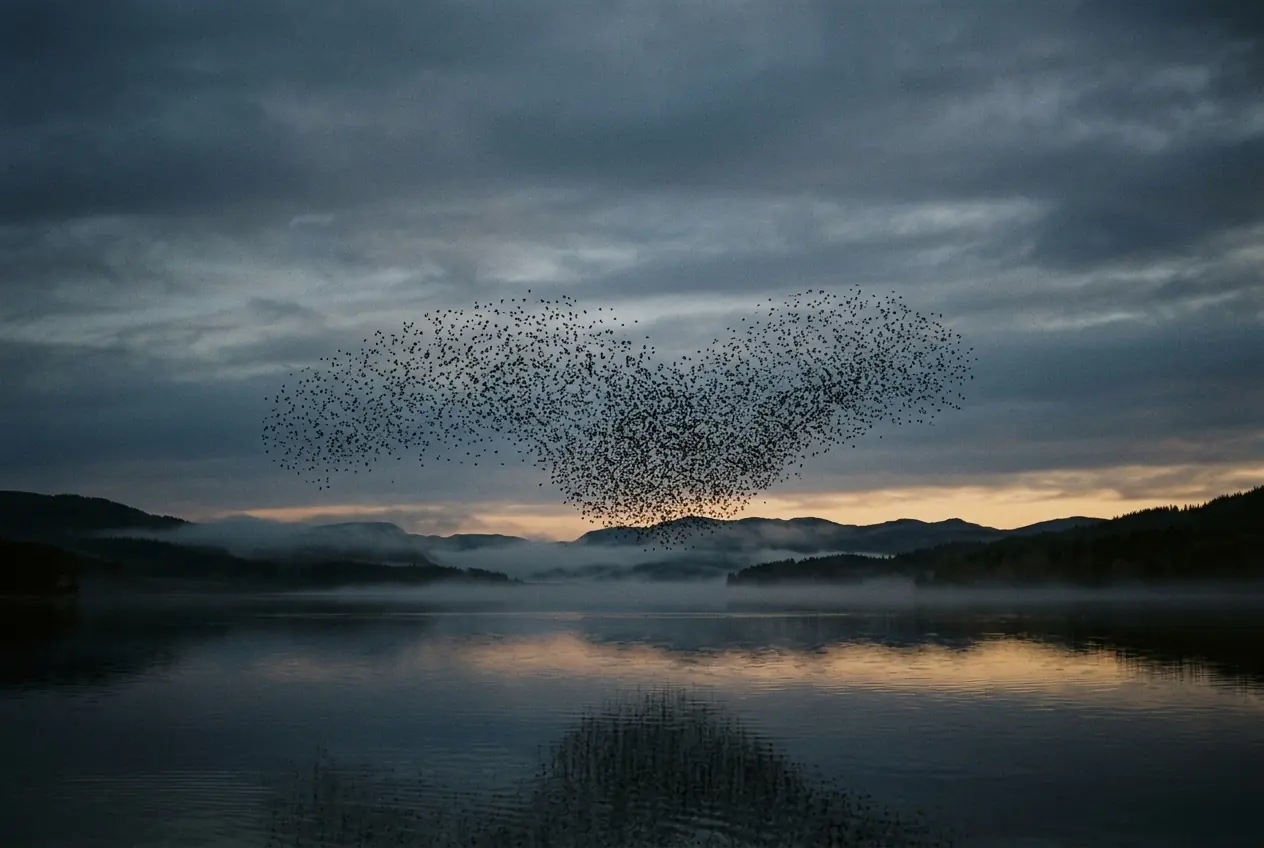 A vast starling murmuration at dusk over misty Nordic water, moving as one by sensing each other's subtle cues.
